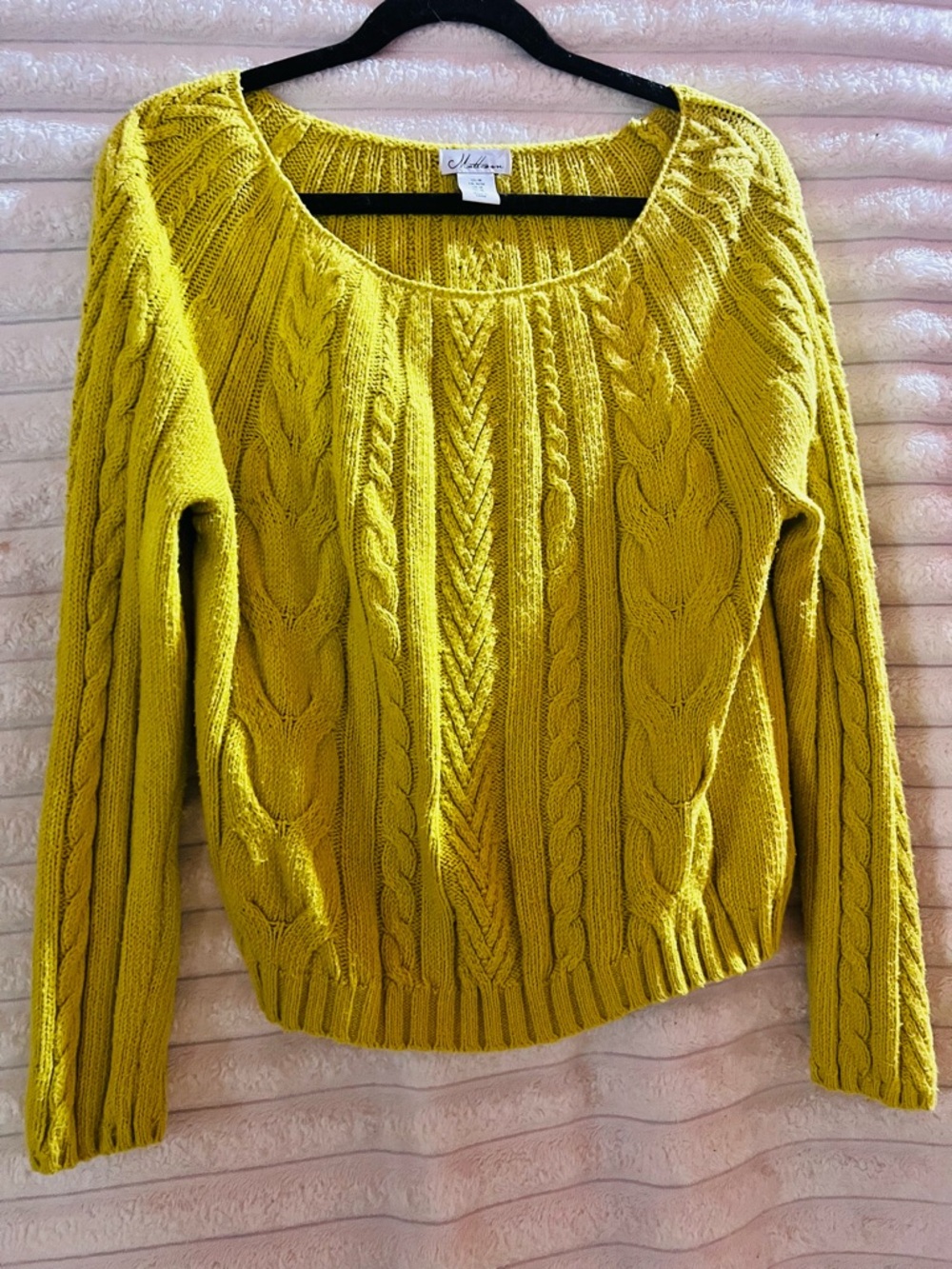 Mattison Scoop Neck Cable Knit Sweater in bright yellow size M